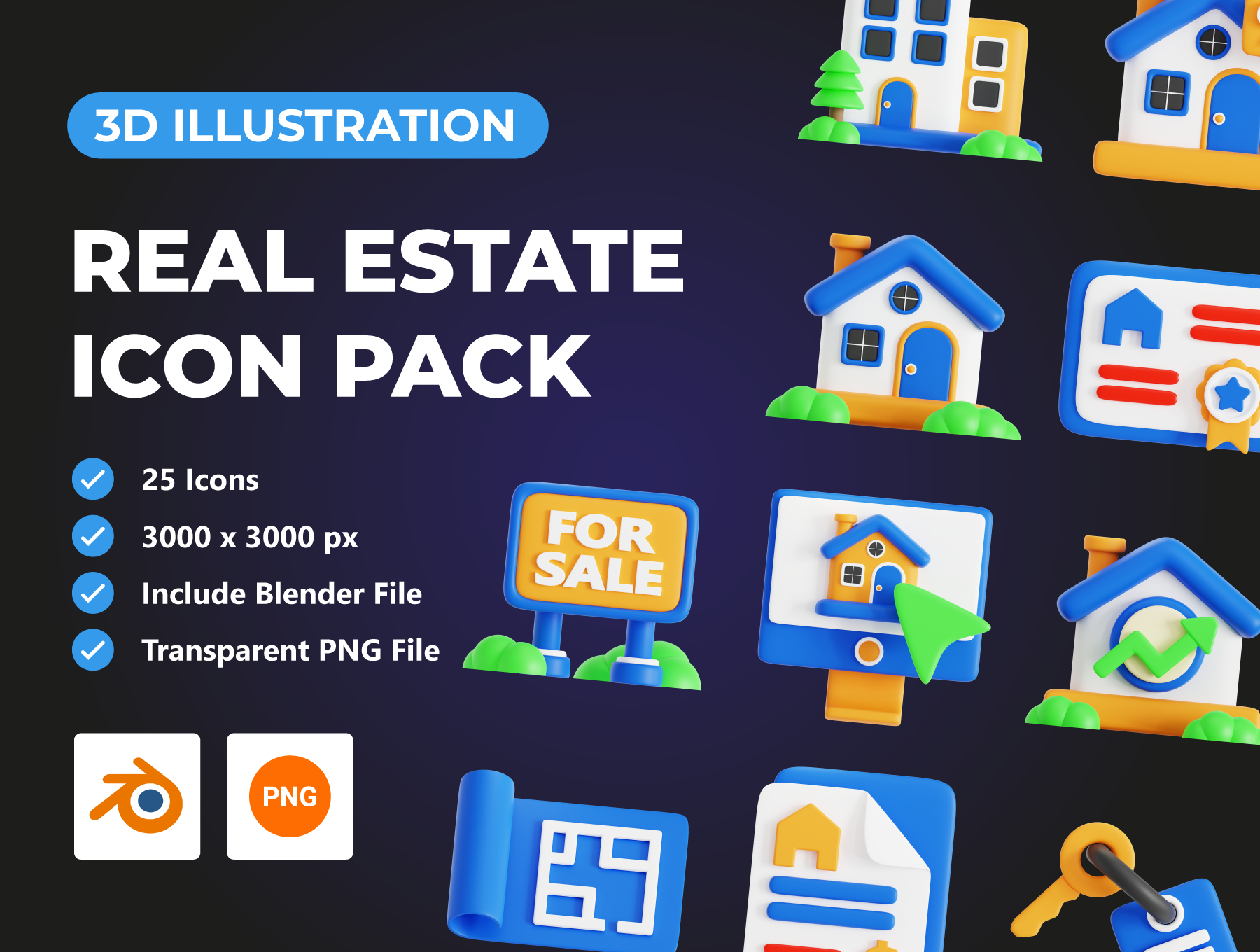 房地产3D图标包 Real Estate 3D Icon Pack blender格式-3D/图标-到位啦UI